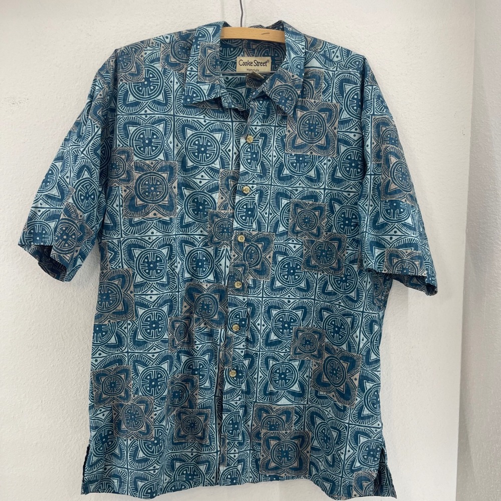 Cooke Street Honolulu Mens XL Hawaiian‎ Aloha Shirt Blue Geometric 100 Cotton